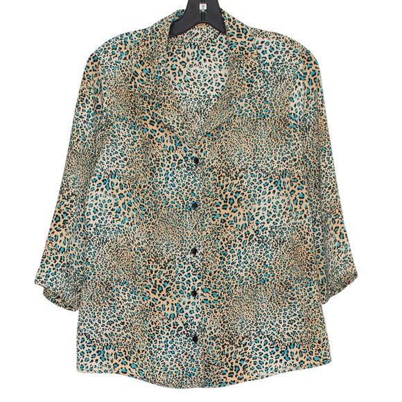 Vintage Notations Top 3/4 Sleeve Leopard Crinkle Animal Y2K Button Up Size Large - Picture 1 of 6
